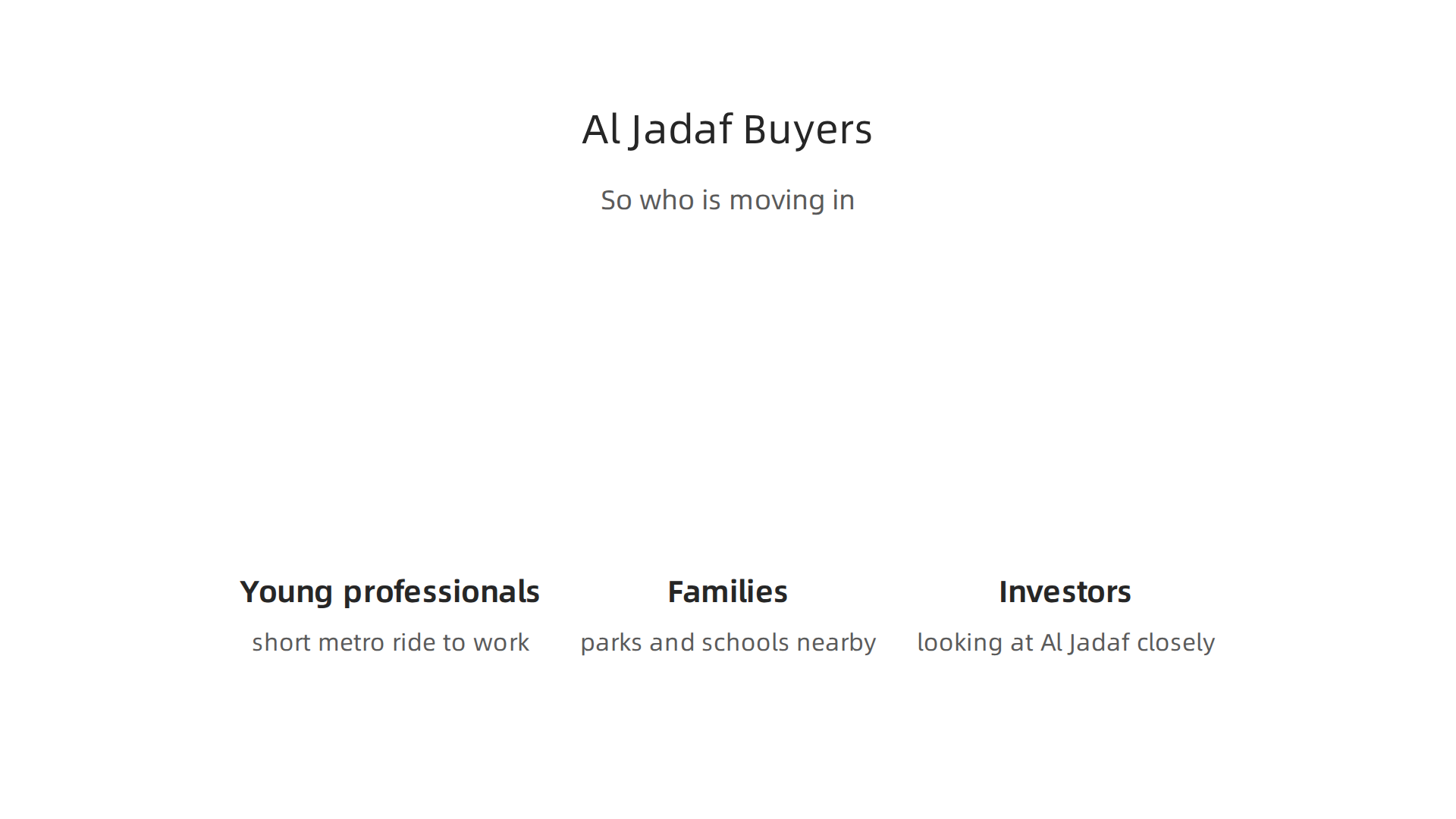 An infographic outlining the primary groups attracted to living and investing in the Al Jadaf area.