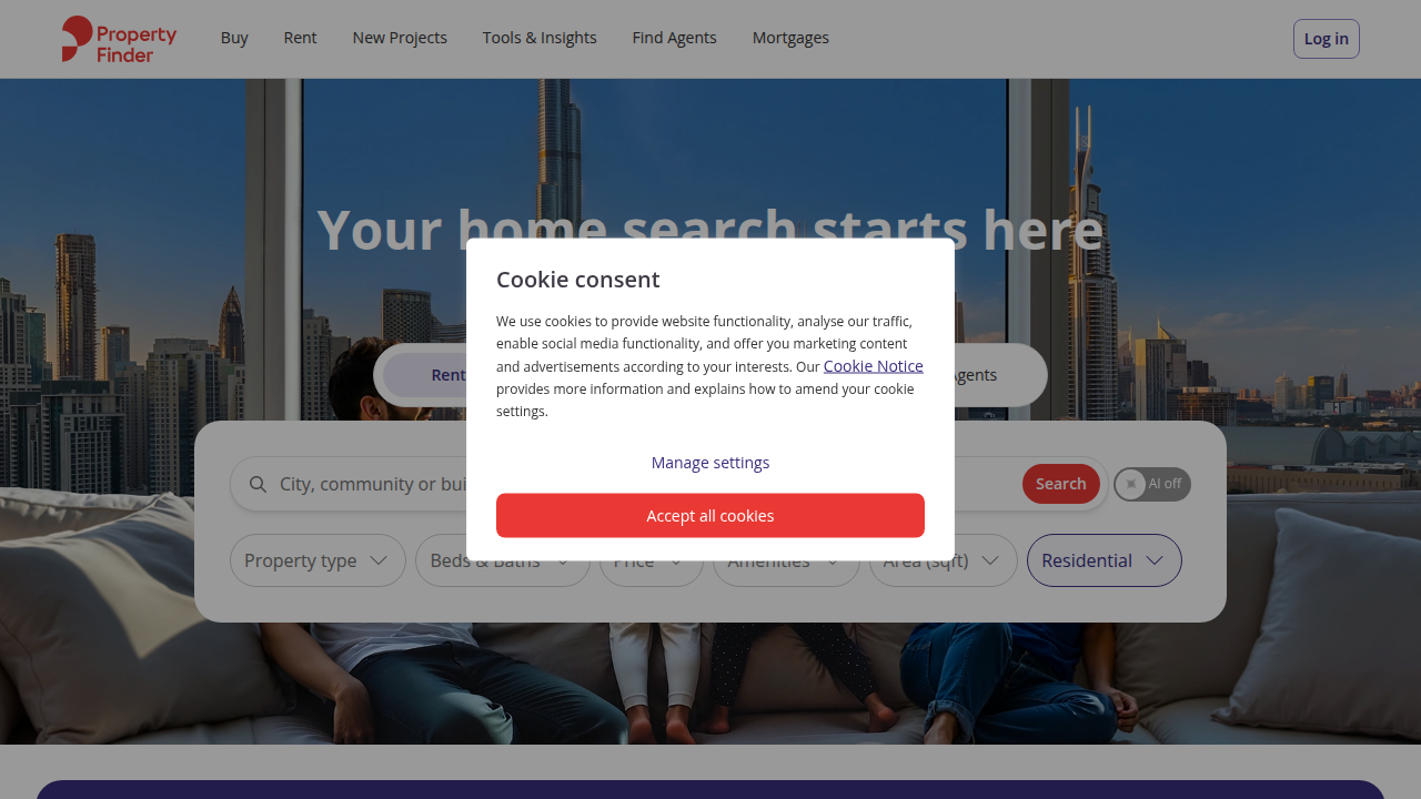 Screenshot of the Property Finder homepage, showcasing its interface for property search in the UAE.