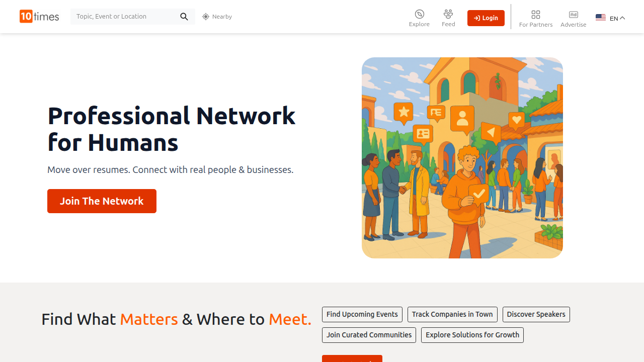 Screenshot of the 10Times platform homepage, a global directory for business events and conferences.