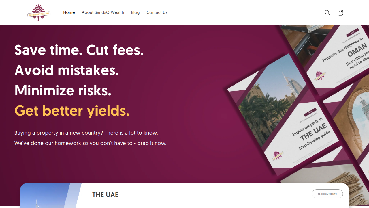 The homepage of Sands of Wealth, a financial insights platform, offering market analysis relevant to Dubai's real estate investment.