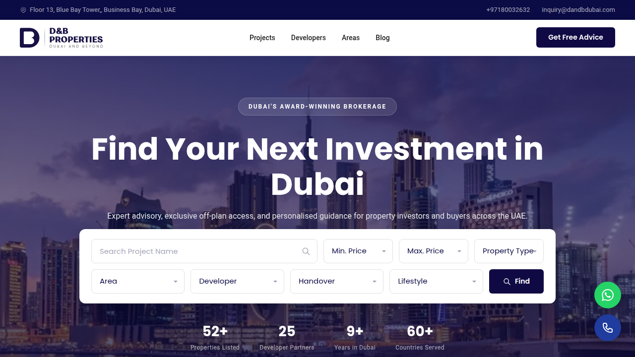 The homepage of D&B Dubai, a real estate firm providing market insights and property services.