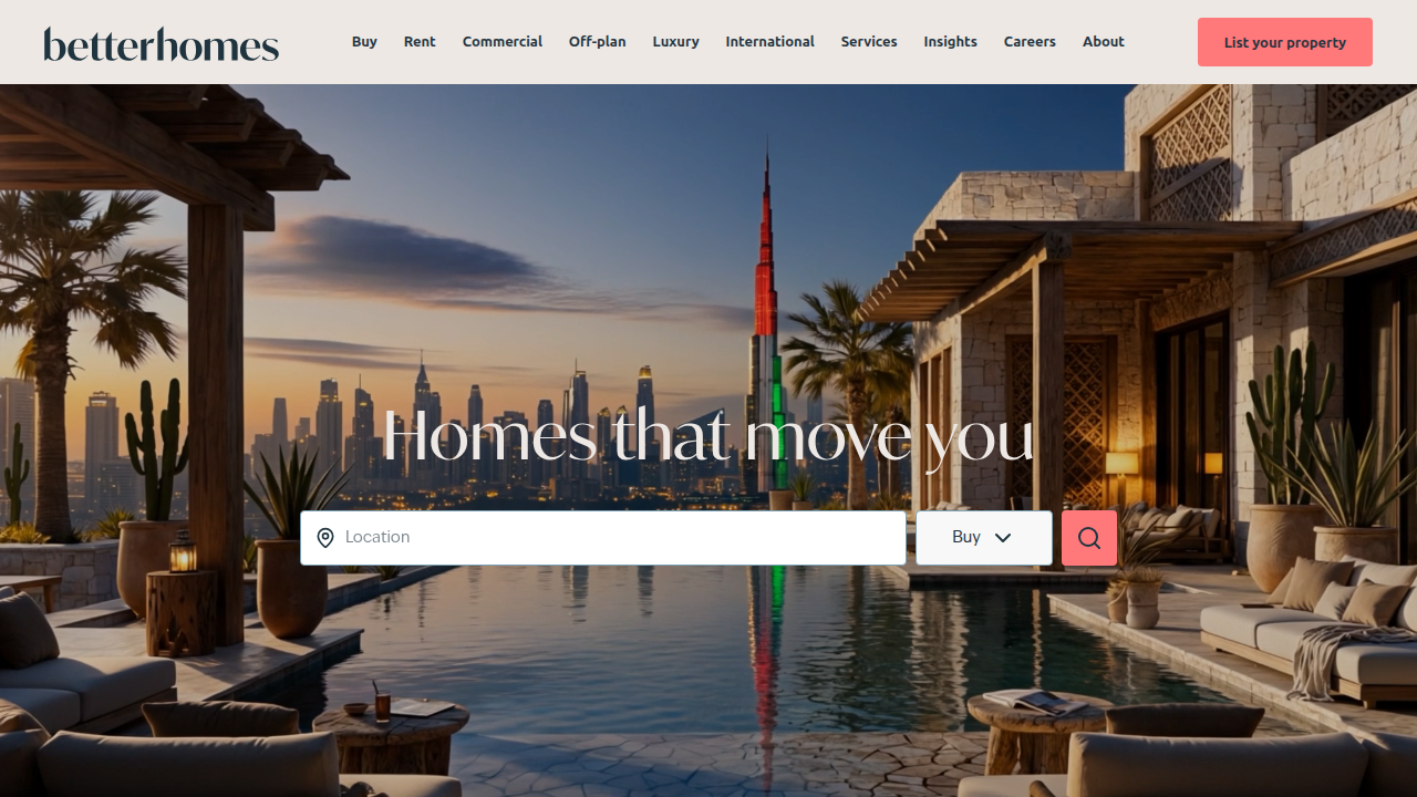 The homepage for Betterhomes, a leading real estate agency in Dubai, offering property services and area guides.