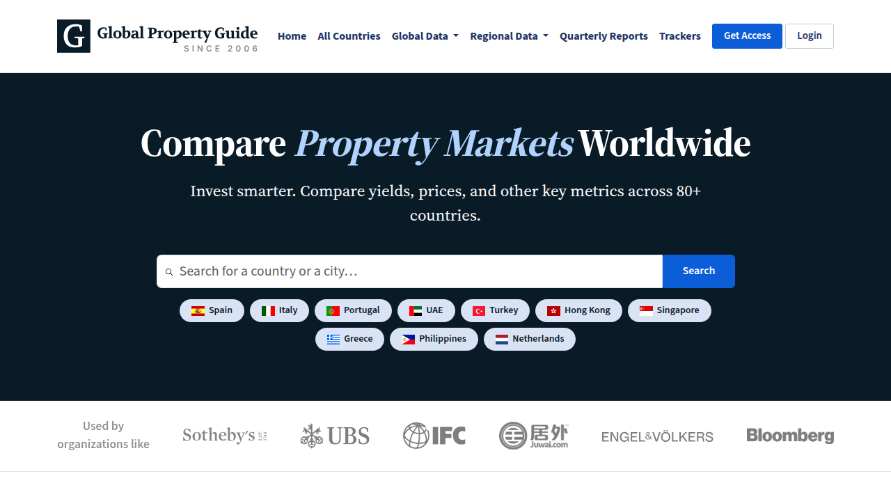 Screenshot of GlobalPropertyGuide.com, an international resource for property investment data, focusing on UAE.