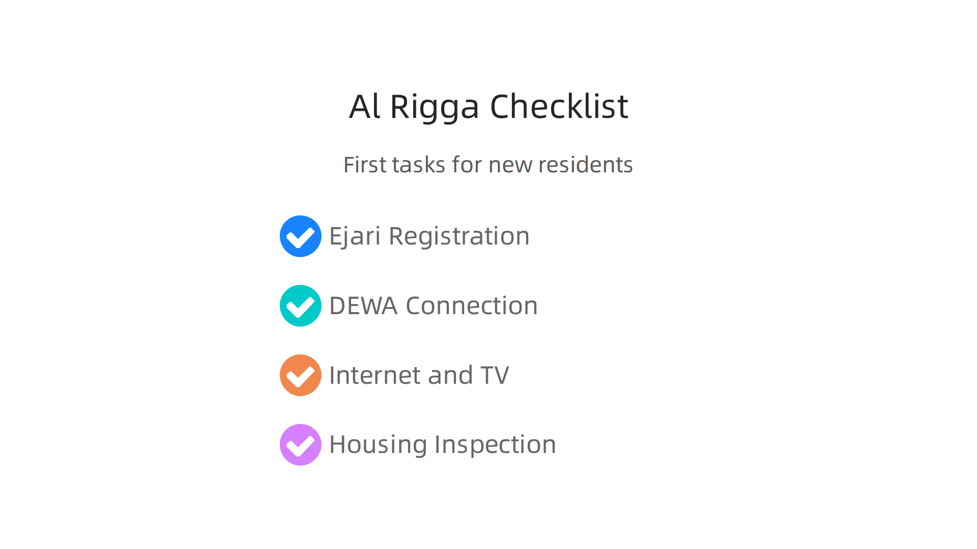 An infographic outlining an essential checklist for new residents moving into Al Rigga Road, covering key setup tasks.